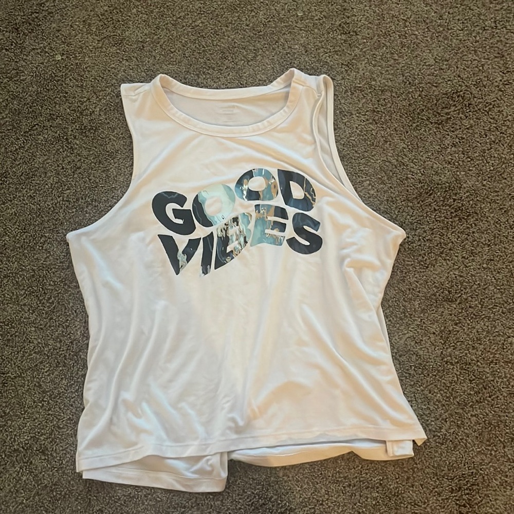 Old navy “Good Vibes” Medium tank with turquoise and metallic gold lettering